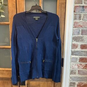 Eddie Bauer Womens Cardigan Sweater Med Navy Blue Cotton Zip Front Pockets Y2K